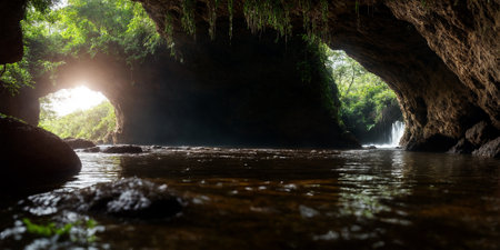 Mysterious cave with water pond in a lush jungleの素材