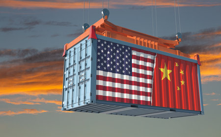 Cargo container with ripped USA and China national flags. 3D renderingの写真素材