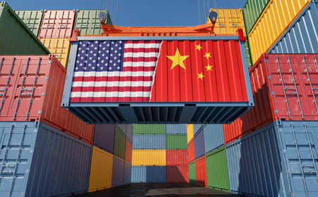 Cargo container with ripped USA and China national flags. 3D renderingの写真素材