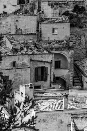 Amazing close-up black and white view of ancient town of Matera, the Sassi di Matera, Basilicata,...