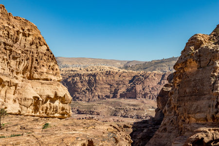 I have enjoyed the amazing views from the scenery Monastery Route, beautiful sunny day at Petra complex and tourist attraction, Hashemite Kingdom of Jordanの写真素材