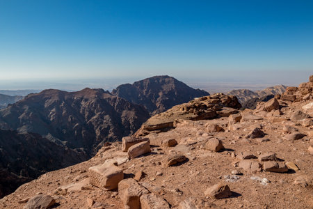 Amazing landscape views near Ad-Deir in ancient city of Petra, Jordan. Ad-Deir or The Monastery. Petra complex and tourist attraction, Hashemite Kingdom of Jordanの写真素材