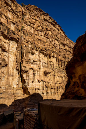 Cliff formations, stunning geology. Amazing views from the scenery Monastery Route, beautiful sunny day at Petra complex and tourist attraction, Hashemite Kingdom of Jordanの写真素材