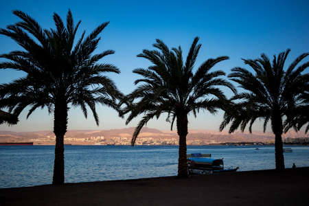 AQABA, JORDAN - JANUARY 31, 2020: Glass boat is waiting for tourists,city beach shadows.Palm silhouettes.Sunrise landscape of Egypt and Israel,winter clear sky.Red Sea gulf,Hashemite Kingdom of Jordanのeditorial素材