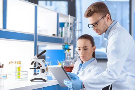 scientists using digital tablet for analysis in laboratoryの写真素材