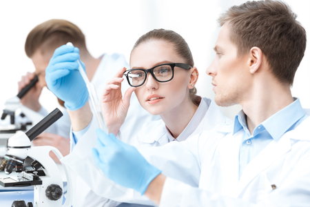 man chemist in protective gloves showing test tube to colleagueの写真素材