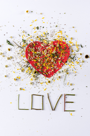 flowers petals on heart and love lettering on white for valentines dayの写真素材