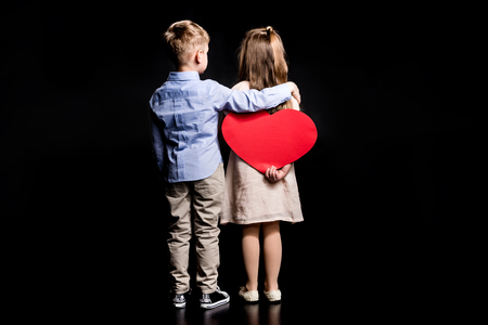 Kids with paper heartの写真素材