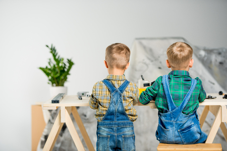 Little boys in workshopの写真素材