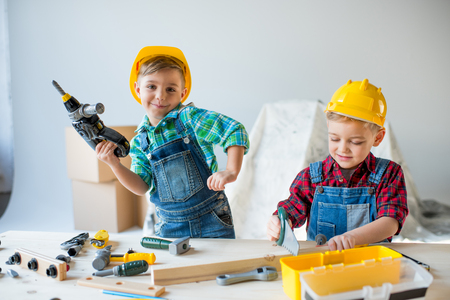 Little boys with toolsの写真素材