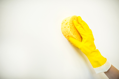 Woman cleaning wallの写真素材