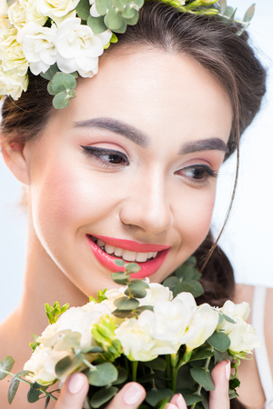woman with flowers bouquetの写真素材