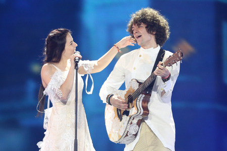 KYIV, UKRAINE - MAY 10, 2017:  Naviband from Belarus at the second semi-final rehearsal during Eurovision Song Contest, in Kyiv, Ukraineのeditorial素材