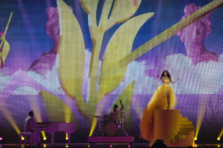 KYIV, UKRAINE - MAY 10, 2017: Timebelle from Switzerland  at the second semi-final rehearsal during Eurovision Song Contest, in Kyiv, Ukraineのeditorial素材