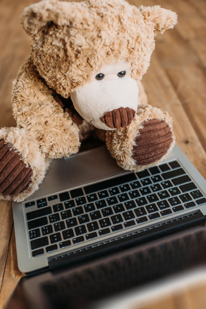 teddy bear toy and laptopの写真素材
