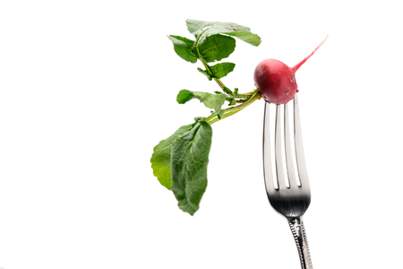 fresh radish on fork isolated on whiteの写真素材