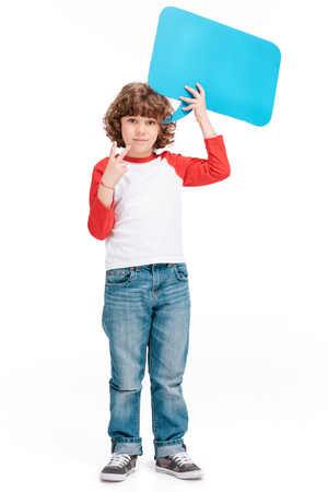 Child holding speech bubbleの写真素材