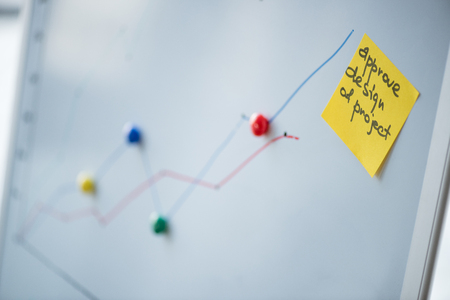 whiteboard with graphics and sticky noteの写真素材