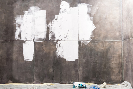 partly painted wall and various renovation toolsの写真素材