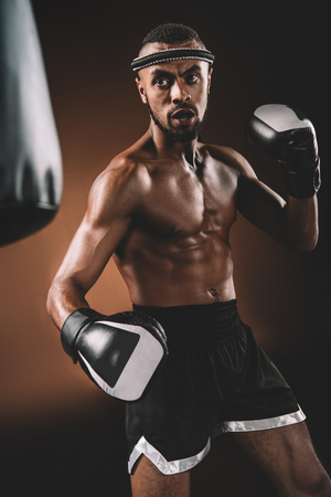 Determined young Muay Thai fighter in boxing gloves training thai boxing with punching bagの写真素材
