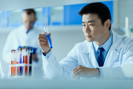 focused scientist holding test tube in laboratory