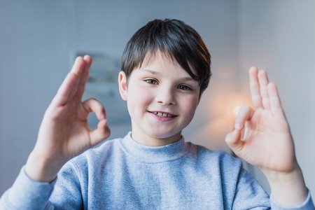 little boy showing ok sign and smiling at camera