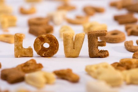 Close-up view of word love and healthy breakfast cereal alphabetの写真素材