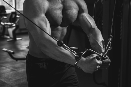 cropped view of muscular bodybuilder working out with sport equipment in gymの写真素材
