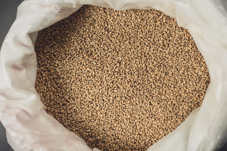Close-up top view of barley in big bag at the breweryの写真素材