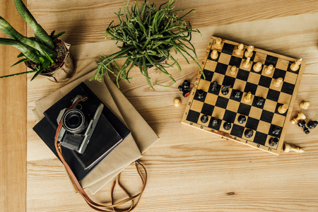 chess board with chess pieces, potted plant and vintage camera on the top of booksの写真素材
