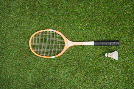 top view of badminton racket and shuttlecockの写真素材