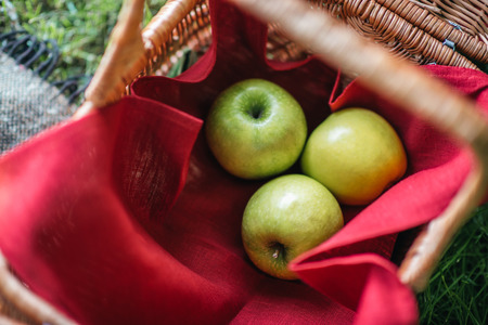 close up view of fresh green apples in basket on grassの写真素材