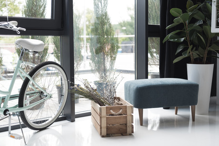 empty creative office with bicycle and dry flowers in wooden box