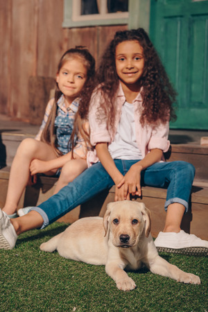 multiethnic girls sitting on porch with cute labrador puppyの写真素材