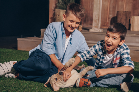 boys playing with cute labrador puppy togetherの写真素材
