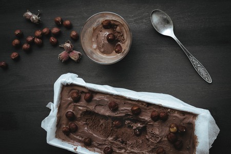 homemade chocolate ice cream with hazelnutsの写真素材