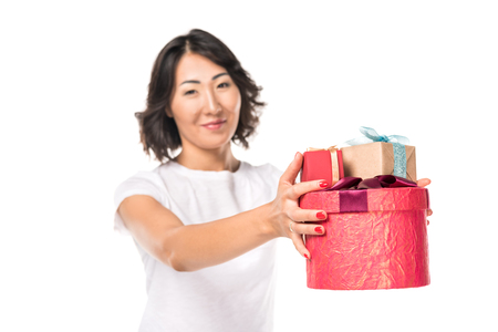 woman with red gift boxesの写真素材
