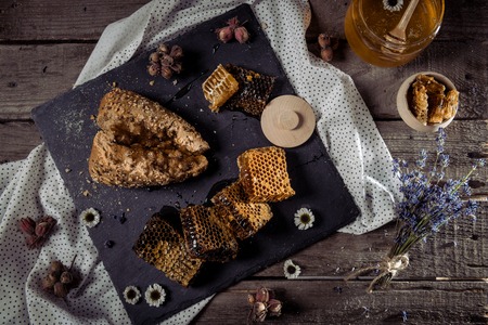 honeycombs and homemade breadの写真素材