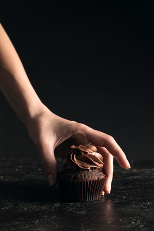 hand with chocolate cupcakeの写真素材