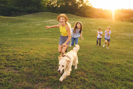 teenagers with dog walking in parkの写真素材