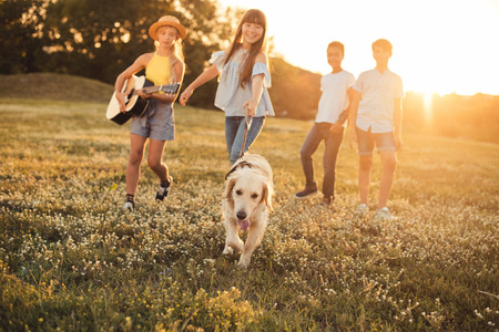 teenagers with dog walking in parkの写真素材