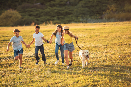 teenagers with dog in parkの写真素材