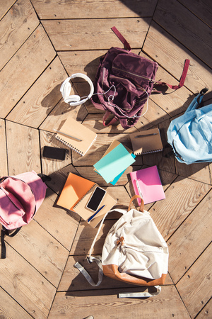 books, backpacks and electronicsの写真素材