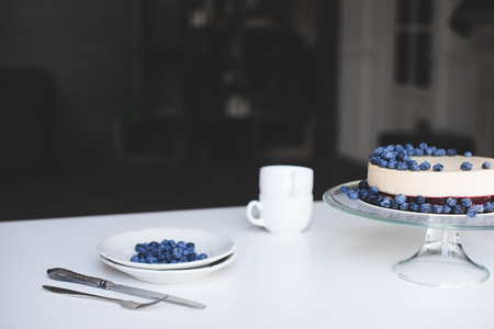 cheesecake with blueberries on glass standの写真素材
