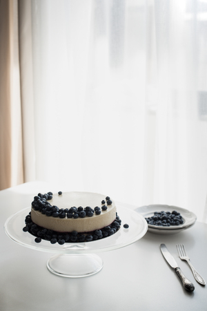 cheesecake with blueberries on glass standの写真素材