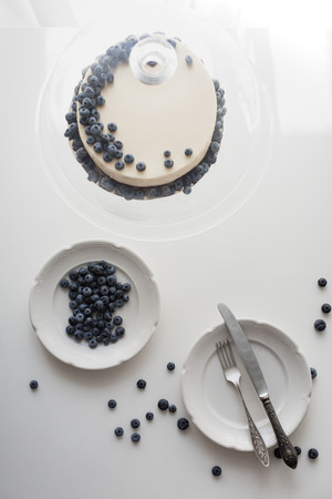 cheesecake with blueberries on glass standの写真素材