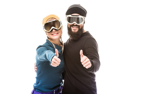 couple in snowboard glasses