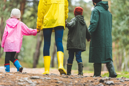 family in raincoats walking in forestの写真素材