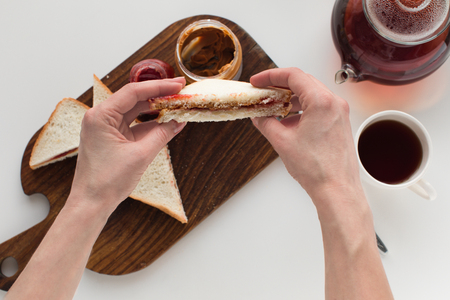 toasts with jam and peanut butterの写真素材