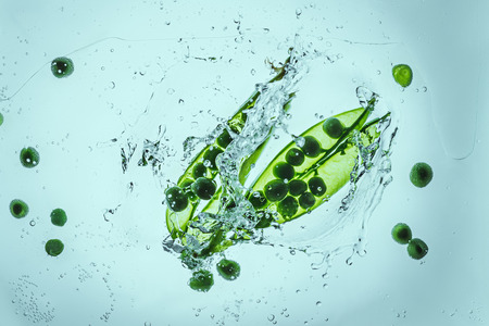 fresh green peas floating in water with splash on blueの写真素材